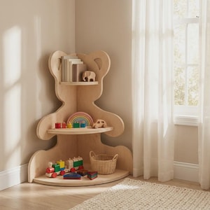 May include: A light-colored wooden corner shelf shaped like a teddy bear silhouette with three tiers. The shelves hold various wooden toys including a train, a rainbow stacker, a small elephant figure, and a woven basket on the bottom level.