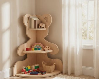 Maple Plywood Teddy Bear Corner Shelf | Kids Montessori Room