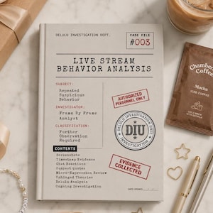 May include: A light gray hardcover notebook titled Live Stream Behavior Analysis, Delulu Investigation Dept. Case File #003. The cover features printed text, a circular DIU stamp, and red rectangular stamps reading Authorized Personnel Only and Evidence Collected.