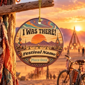 May include: A round ceramic ornament featuring a desert landscape illustration with a large orange sun, mountains, and geometric structures. The text reads I WAS THERE! Festival Name and Place-Date. It hangs from a gold string against a sunset.