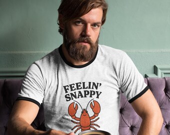 Feelin’ Snappy Lobster Ringer T-Shirt – Funny Nautical Retro Unisex Tee with Contrast Trim