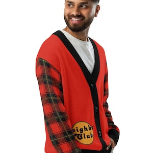 Mr Rogers Inspired Cardigan | Neighbor Club Badge Sweater • Retro Plaid Sleeves • Ugly Christmas Sweater Alternative