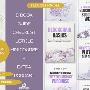 Könnte beinhalten: Werbebild für ein Premium-Bundle digitaler Ressourcen. Das Bundle beinhaltet ein E-Book, einen Leitfaden, eine Checkliste, eine Listicle, einen Minikurs und einen Podcast. Titel sind u.a. "Blockchain Basics" und "Cryptocurrency Platform Due Diligence".