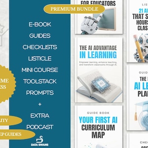 Puede incluir: Un paquete de productos digitales con el texto "Premium Bundle" y "Acceso de por vida". El paquete incluye libros electrónicos, guías, listas de verificación, listicles, minicursos, toolstacks, indicaciones y un podcast. La imagen también presenta portadas de libros con temas relacionados con la IA.