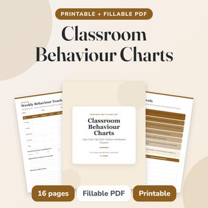 Puede incluir: Un conjunto de tablas de comportamiento para el aula en formato PDF imprimible y rellenable, con una paleta de colores neutros en beige y marrón. El documento incluye 16 páginas con un rastreador semanal, tablas de clase y cupones de recompensa.