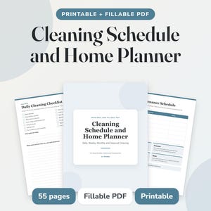 Peut inclure: Un planificateur de maison et calendrier de nettoyage en PDF imprimable et remplissable, comprenant une page de couverture centrale intitulée Cleaning Schedule and Home Planner, entourée d'une liste de tâches quotidienne et d'un calendrier.