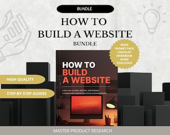 Könnte beinhalten: Ein Bundle zum Erstellen einer Website, einschließlich Buch, Prompt-Pack, Checkliste, Arbeitsbuch, Leitfaden und Toolstack. Das Buchcover zeigt "How to Build a Website" in roter und weißer Schrift. Der Text "High Quality" und "Step-by-Step Guides" ist ebenfalls enthalten.