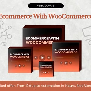 Könnte beinhalten: Werbung für einen E-Commerce-Videokurs mit dem Titel "Ecommerce With WooCommerce". Das Bild zeigt mehrere quaderförmige Mockups mit dem Kurstitel, einer Wiedergabetaste und einem Farbverlauf im Hintergrund. Der Text "Begrenztes Angebot: Von der Einrichtung bis zur Automatisierung in Stunden, nicht in Monaten!" ist ebenfalls sichtbar.