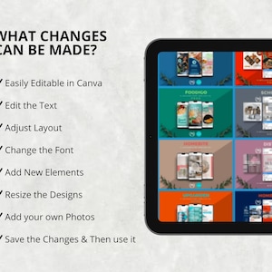 May include: A digital tablet displays a variety of colorful design templates. Text on the screen reads "WHAT CHANGES CAN BE MADE?" followed by a list of editable features. The tablet showcases examples of design layouts for various businesses.