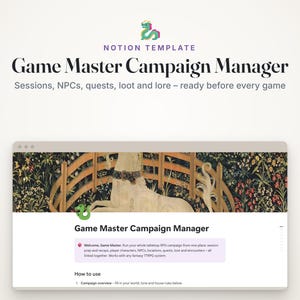 Pode incluir: Um modelo digital Notion intitulado Game Master Campaign Manager com um ícone de dragão, um banner com uma imagem de tapeçaria de unicórnio e seções de texto para gerenciar sessões, NPCs, missões, itens e lore de RPG de mesa.
