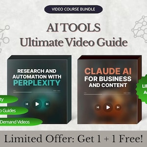 May include: An advertisement for an AI Tools video course bundle. The image features two product boxes with the titles "Research and Automation with Perplexity" and "Claude AI for Business and Content". The image also includes the text "Ultimate Video Guide" and "Lifetime Access".