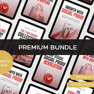 May include: A digital marketing bundle with multiple tablets displaying business-related content. The tablets feature titles like "Growth with Social Proof" and "The Visual Social Proof Revolution." The image includes a "Premium Bundle" banner and "Unlimited Access" badge.