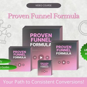 May include: An advertisement for a video course titled "Proven Funnel Formula." The image features several box-shaped graphics with the course title, along with the words "High Quality," "Step By Step Guides," and "Lifetime Access."
