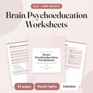 Puede incluir: Un conjunto de hojas de trabajo de psicoeducación cerebral con una cubierta rosa claro que presenta el texto Brain Psychoeducation Worksheets How My Brain Handles Stress, Habits and Calm. Incluye 34 páginas con derechos PLR y MRR, editable.