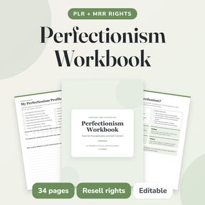 Könnte beinhalten: Ein digitales Arbeitsbuch mit dem Titel Perfectionism Workbook mit PLR- und MRR-Rechten. Das Cover hat salbeigrüne Akzente und weißen Text. Zwei Innenseiten sind sichtbar und zeigen Checklisten und Text über Perfektionismus und Selbstkritik.