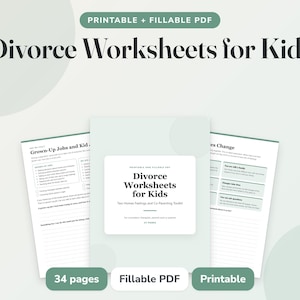 Può includere: Un set di fogli di lavoro stampabili e compilabili in PDF sul divorzio per bambini, caratterizzato da una combinazione di colori verde salvia e bianco. La copertina riporta il titolo Divorce Worksheets for Kids, 34 pagine totali.