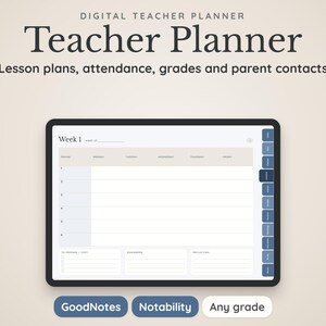 Può includere: Un pianificatore digitale per insegnanti visualizzato su uno schermo di tablet, con un layout di piano di lezione settimanale con colonne dal lunedì al venerdì. L'interfaccia include schede a destra e il testo "DIGITAL TEACHER PLANNER", "Lesson plans, attendance, grades and parent contacts", "Week 1", "GoodNotes", "Notability" e "Any grade".