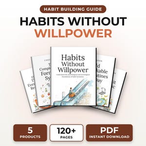 Può includere: Una guida digitale per la creazione di abitudini intitolata Habits Without Willpower, composta da cinque libri bianchi disposti a ventaglio. La copertina centrale mostra l'illustrazione di una persona su una scala mobile. In basso indica 5 products, 120+ pages e PDF instant download.