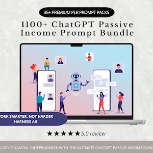 Pode incluir: Um ecrã de computador portátil mostra o texto "35+ PREMIUM PLR PROMPT PACKS" e "1100+ ChatGPT Passive Income Prompt Bundle." A imagem inclui ilustrações de pessoas a interagir com smartphones e um robô. O texto "WORK SMARTER, NOT HARDER HARNESS AI!" também é visível.