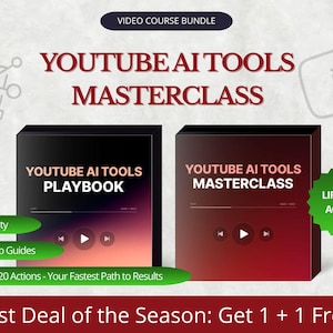May include: Image of a video course bundle titled "YouTube AI Tools Masterclass" and "YouTube AI Tools Playbook." The text includes "Lifetime Access" and "Best Deal of the Season: Get 1 + 1 Free!"