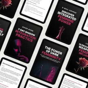 May include: A collection of digital tablets displaying content related to feminine power and self-discovery. The tablets feature titles like "7 Dark Feminine Archetypes," "7-Day Shadow Integration Practice," and "Discover Integrated Feminine Power."