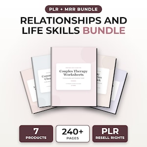 Può includere: Un pacchetto digitale di fogli di lavoro stampabili intitolato Relationships and Life Skills Bundle, con cinque copertine di documenti in tonalità pastello di rosa, blu e lavanda. Il testo include PLR + MRR BUNDLE, 7 PRODUCTS, 240+ PAGES e PLR RESELL RIGHTS.