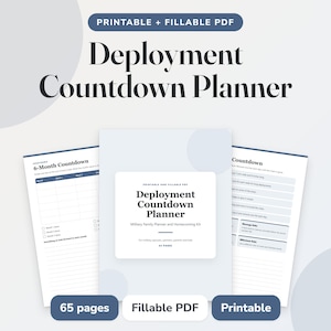 Puede incluir: Un planificador de cuenta regresiva de despliegue en PDF imprimible y rellenable de 65 páginas. La portada presenta el texto Deployment Countdown Planner, Military Family Planner and Homecoming Kit. Dos páginas interiores muestran una cuadrícula.