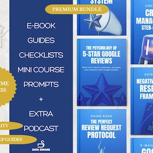 May include: A digital marketing bundle with a dark blue background. The image features a collection of guides, checklists, and a mini-course. Text includes "E-BOOK", "GUIDES", "CHECKLISTS", "MINI COURSE", "PROMPTS", and "PODCAST".