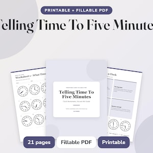 Può includere: Un set di schede didattiche in PDF, stampabili e compilabili, intitolato Telling Time To Five Minutes. Il documento include 21 pagine di esercizi sugli orologi per studenti di terza e quarta elementare, con illustrazioni in bianco e nero.