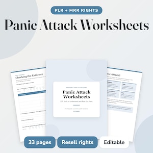 Op de afbeelding: Een set van 33 pagina's met werkbladen over paniekaanvallen, voorzien van CGT-tools om paniek te begrijpen en te beheersen. Het document bevat een voorpagina en interne werkbladen met tekst, tabellen en selectievakjes in blauw en wit.