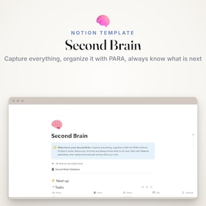 Peut inclure: Un modèle Notion numérique intitulé Second Brain avec une icône de cerveau rose. Le texte indique : Notion Template, Second Brain, Capture everything, organize it with PARA, always know what is next. L'interface affiche un tableau de bord.