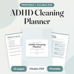 Könnte beinhalten: Ein digitaler ADHD Cleaning Planner als druckbares und ausfüllbares PDF. Das Set umfasst 42 Seiten mit Checklisten und Routinen. Das Deckblatt trägt den Titel ADHD Cleaning Planner, Room by Room Checklists and Routines.