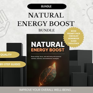 Puede incluir: Imagen promocional para un "Natural Energy Boost Bundle" con un libro como elemento central. La imagen incluye texto como "Alta Calidad" y "Guías Paso a Paso", y una lista de elementos: Libro, Pack de indicaciones, Lista de verificación, Cuaderno de trabajo, Guía y Toolstack.
