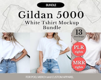 Gildan 5000 White T-Shirt Mockup Bundle PLR MRR | 71 Colors | Flat Lay & Model | Front Back Views | JPEG | High-Res Shirt Mockups