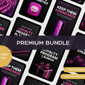 Puede incluir: Un conjunto de guías digitales sobre un fondo negro con acentos morados. Las guías cubren temas como datos de clientes, programas de fidelización y retención de clientes. Se destaca el texto "PREMIUM BUNDLE".