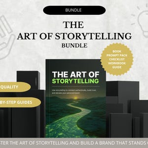 May include: The Art of Storytelling Bundle, featuring a book with a green and yellow landscape cover. Includes a book, prompt pack, checklist, workbook, and guide. The image has text that says "High Quality" and "Step-by-Step Guides".