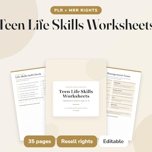 May include: A set of printable Teen Life Skills Worksheets featuring a central cover page titled Teen Life Skills Worksheets Independence Toolkit for Ages 12-18, flanked by two internal pages titled Life Skills Self-Check and Management Team.