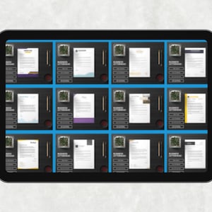 May include: A tablet displays a grid of business letterhead designs. Each design features a different color scheme and layout, with elements like lines, boxes, and text. The letterheads are arranged on a dark surface with a blue border.