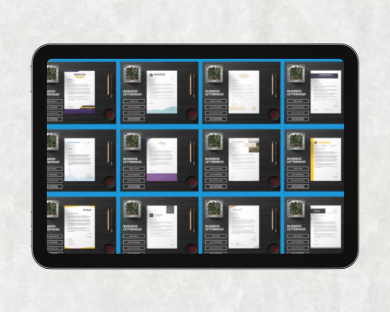 May include: A tablet displays a grid of business letterhead designs. Each design features a different color scheme and layout, with elements like lines, boxes, and text. The letterheads are arranged on a dark surface with a blue border.