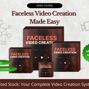 May include: An advertisement for a video course titled "Faceless Video Creation Made Easy." The image features several brown boxes with the course title and play buttons. Green banners read "High Quality" and "Step By Step Guides."