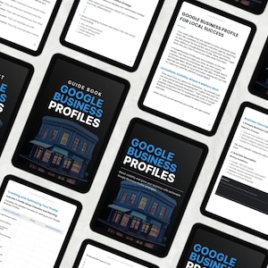 May include: Multiple tablets displaying guides and checklists about Google Business Profiles. The tablets have a black background with the words "GOOGLE BUSINESS PROFILES" in white and blue. The image includes a building illustration.