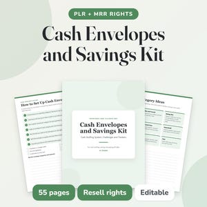 May include: A digital Cash Envelopes and Savings Kit with 55 pages, featuring a light green and white color scheme. The document includes instructions on how to set up cash envelopes, category ideas, and a cash stuffing system for tracking.