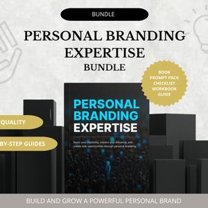 Può includere: Immagine che promuove un "Bundle di competenze di personal branding". La copertina del libro è nera con testo blu e bianco. L'immagine include il testo che dice "Alta qualità" e "Guide passo passo".