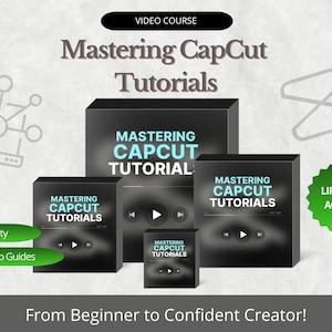 May include: An advertisement for a video course titled "Mastering CapCut Tutorials." The image features several black boxes with the course title and a play button icon. The text "Lifetime Access" is on a green badge. The course promises to take users "From Beginner to Confident Creator!"