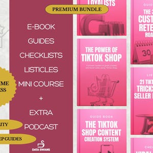 Può includere: Un pacchetto di marketing digitale con sfondo bordeaux, con guide, liste di controllo e un mini-corso. L'immagine include il testo "The Power of TikTok Shop" e "21 TikTok Shop Tricks Every Seller Must Use."