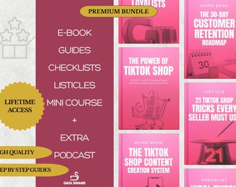 May include: A digital marketing bundle with a maroon background, featuring guides, checklists, and a mini-course. The image includes the text "The Power of TikTok Shop" and "21 TikTok Shop Tricks Every Seller Must Use."