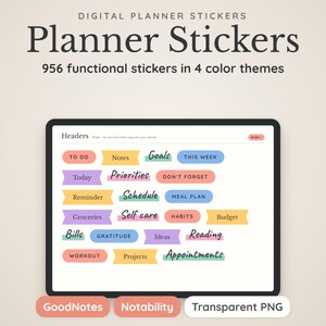 Digitala stickers för GoodNotes, 956 funktionella planerarstickers, frilagda PNG, lappar, washitejp, widgets