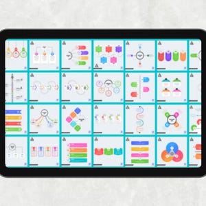 May include: A black tablet displays a grid of colorful infographic diagrams. Each diagram features various shapes, arrows, and text boxes in shades of red, green, blue, and orange, set against a light blue background. The diagrams are for data visualization.