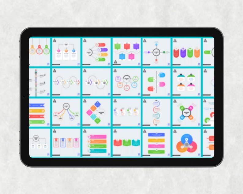 May include: A black tablet displays a grid of colorful infographic diagrams. Each diagram features various shapes, arrows, and text boxes in shades of red, green, blue, and orange, set against a light blue background. The diagrams are for data visualization.