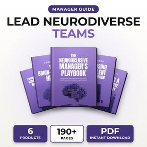 Könnte beinhalten: Eine Sammlung violetter digitaler Handbücher mit dem Titel Manager Guide Lead Neurodiverse Teams, darunter The Neuroinclusive Manager's Playbook mit einer Gehirn-Puzzle-Grafik. Text 6 products, 190+ pages, PDF instant download.